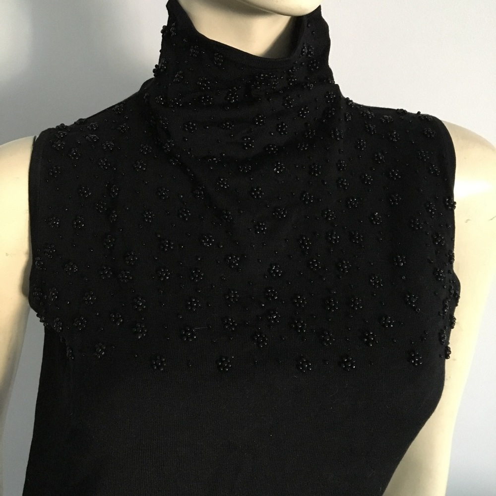 NWT black beaded floral sleeveless turtleneck